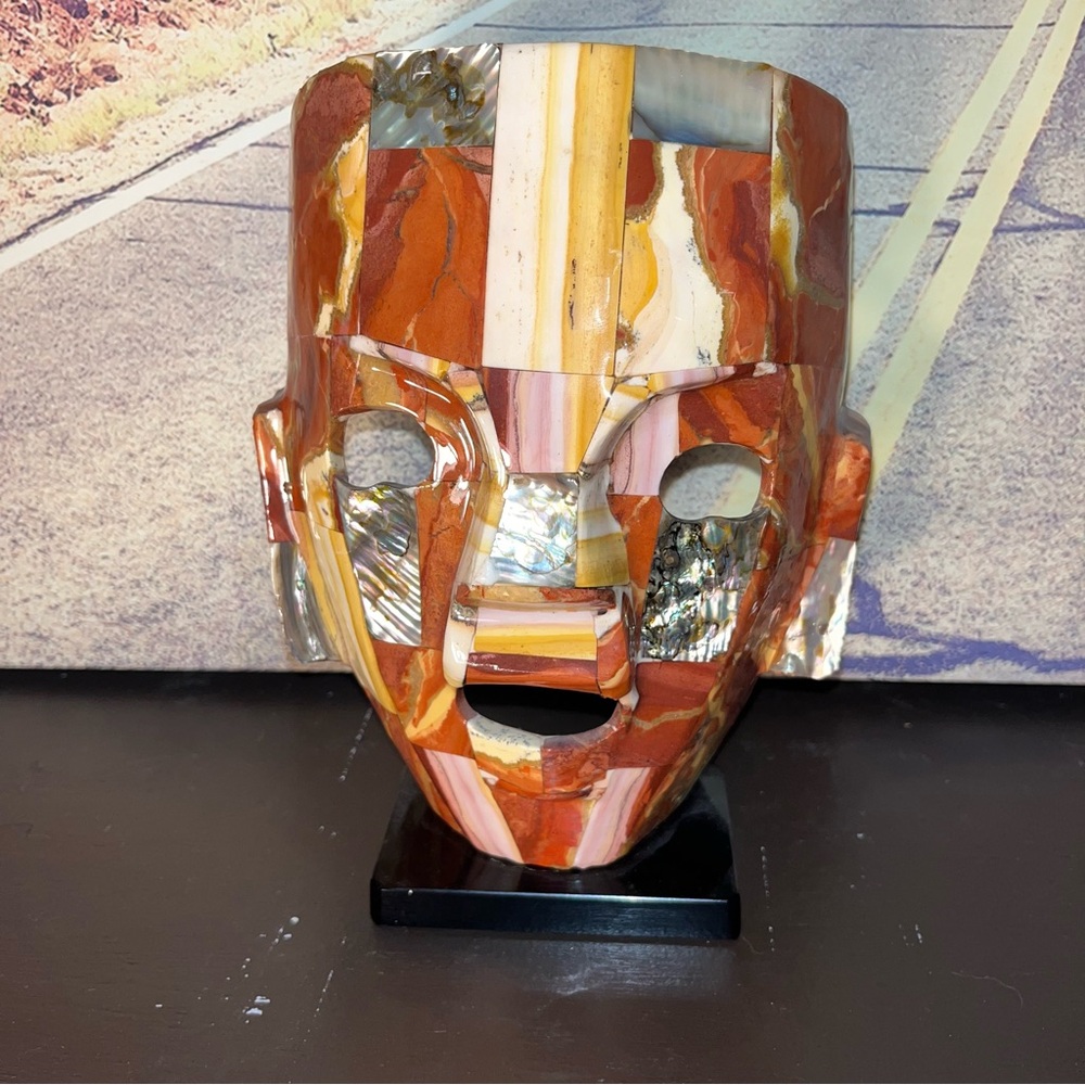 Mayan Aztec Death Mask Inca Burial Mask Tribal Mosaic Abalone Smooth 7” brown